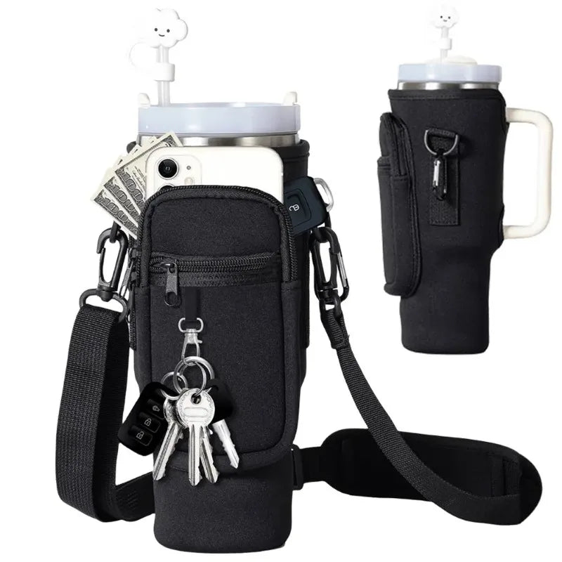 Tumbler Pouch Bag with Adjustable Strap & Pockets | Neoprene Sleeve Cup Holder Pouch ( Random Color )