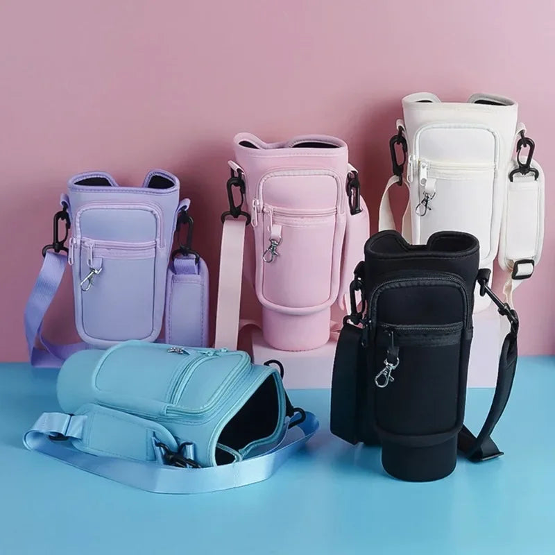 Tumbler Pouch Bag with Adjustable Strap & Pockets | Neoprene Sleeve Cup Holder Pouch ( Random Color )