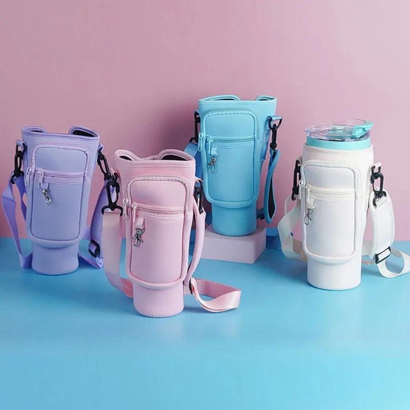 Tumbler Pouch Bag with Adjustable Strap & Pockets | Neoprene Sleeve Cup Holder Pouch ( Random Color )