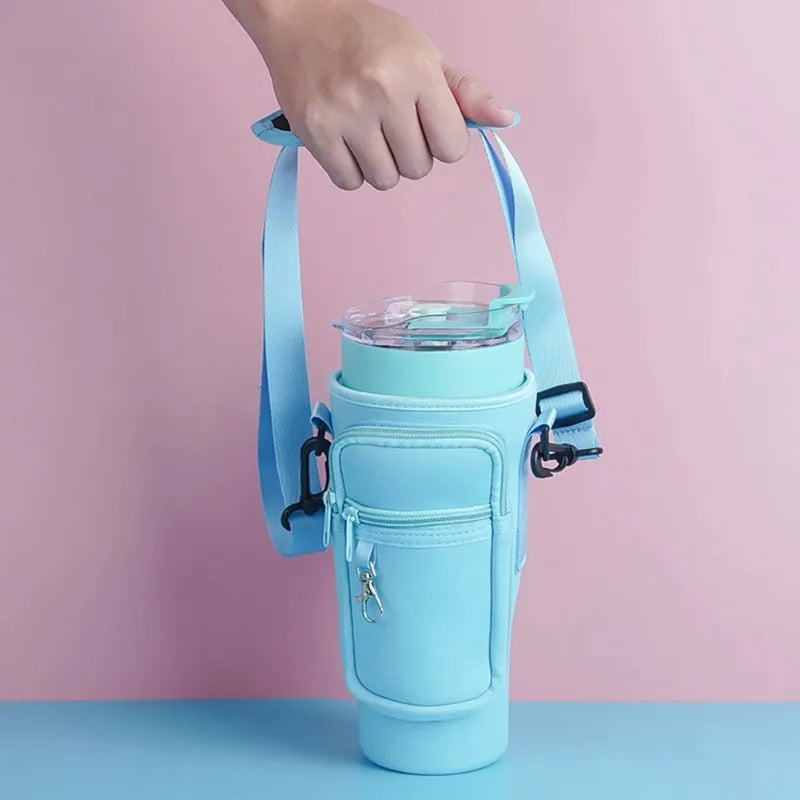 Tumbler Pouch Bag with Adjustable Strap & Pockets | Neoprene Sleeve Cup Holder Pouch ( Random Color )